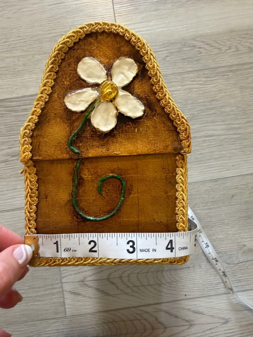 VTG Box Purse Metal Handbag Decoupaged Owl Hand Painted 3D Flowers Yellow Hippie - Picture 14 of 16